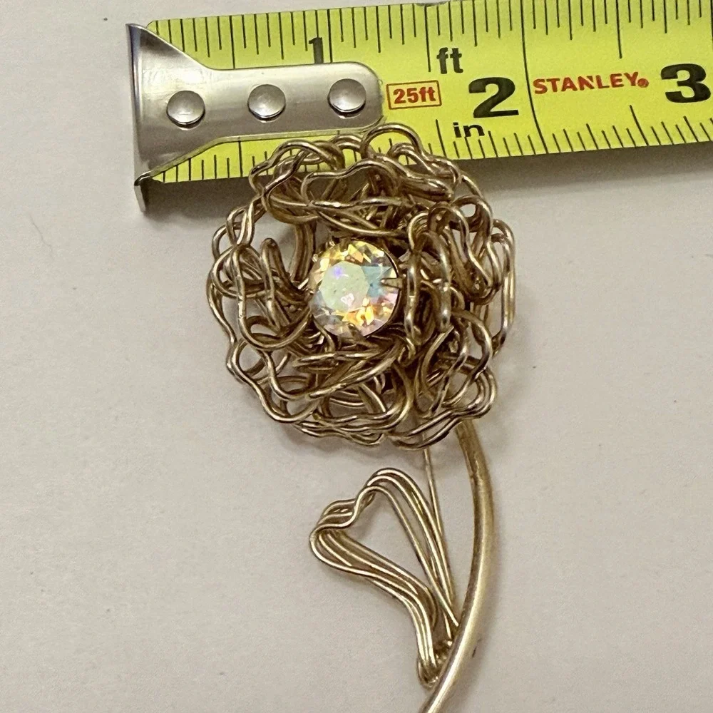 Vintage Brooch MCM Flower Heart Aurora Borealis Rhinestone Fashion Gold Large 3
